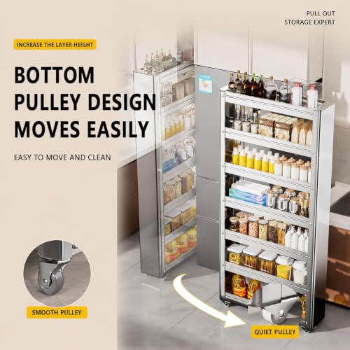 Slim Storage Cart, Stainless Steel Pull Out Organizer with Wheels - Image 6