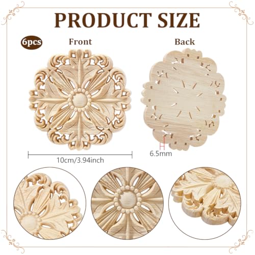 NBEADS 6 Pcs Decorative Wood Round Carved Appliques Onlays - Image 3