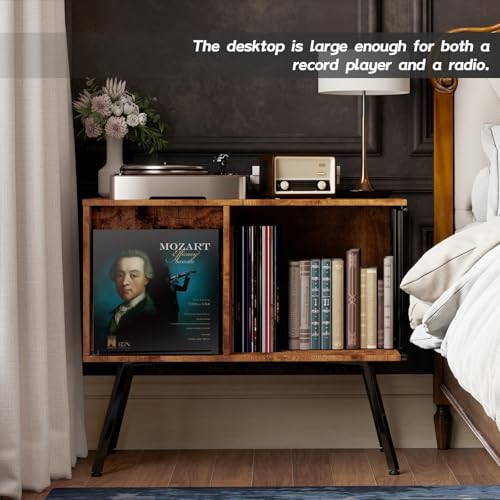 Record Player Stand with Flip-Down Record Shelf, Rustic Brown - Image 6