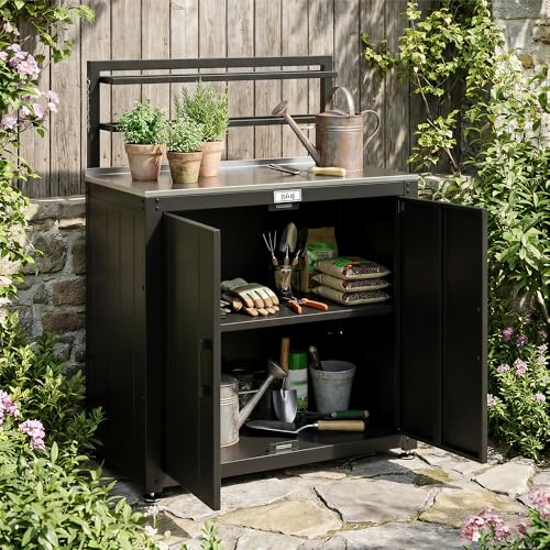 Feasto Outdoor Potting Bench Table with Storage Cabinet, Black - Image 3