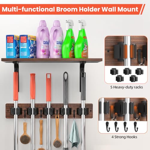 Broom Holder Wall Mount, Wooden Shelf, Rustic Wood Broom Hanger - Image 4
