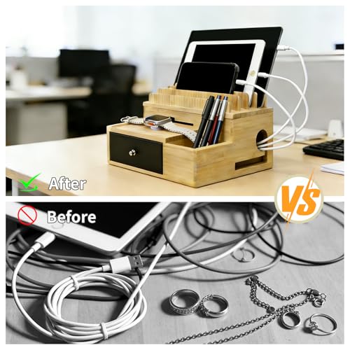 Bamboo Charging Station Organizer with Drawer and Pen Holder - Image 4