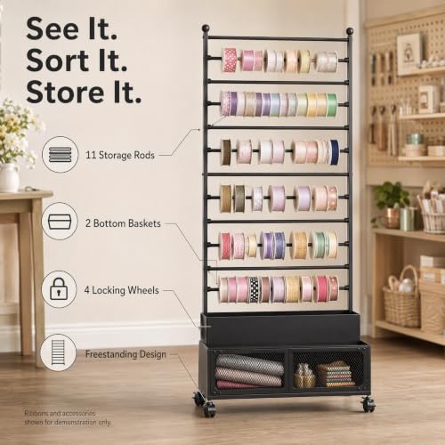 11-Rod Ribbon Storage Organizer Rack,Metal Roll Holder w/ - Image 6