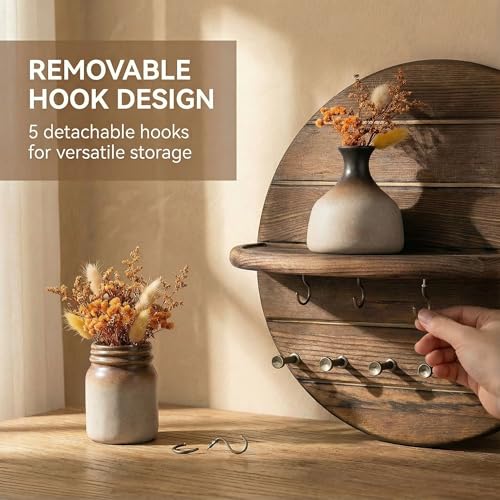 Pine Wood Round Key Holder Wall Mount for Home Decor, Brown - Image 4