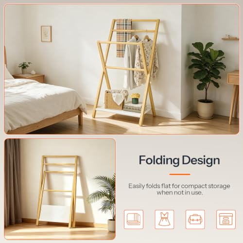 HOOBRO Towel Rack with Shelf, 3 Tier Bamboo Foldable Quilt - Image 7