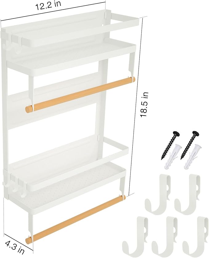 Paper Towel Holder with Shelf, 2-in-1 Magnetic Paper Towel Holder Shelf with Removable Hooks, Heavy Duty Paper Towel Organizer for Tool Shed, Garage, Workbench, Kitchen, Craft Room, Laundry Room,White
