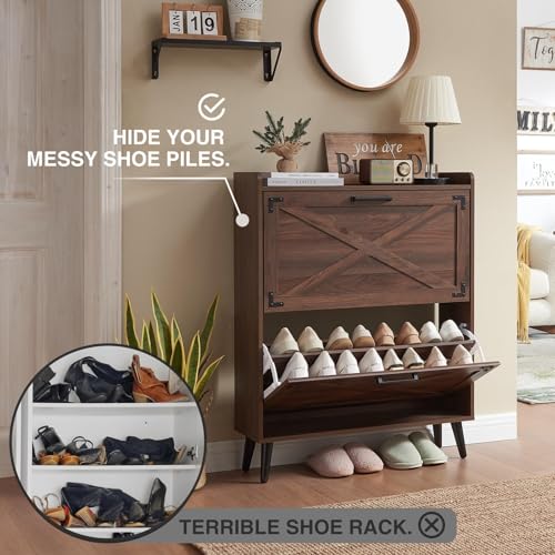 Farmhouse Shoe Storage Cabinet with 2 Flip Drawers & Barn Door - Image 4