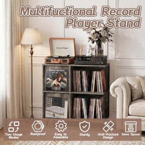 3 Tier Record Player Stand with Flip-Down Record Shelf, Gray - Image 7