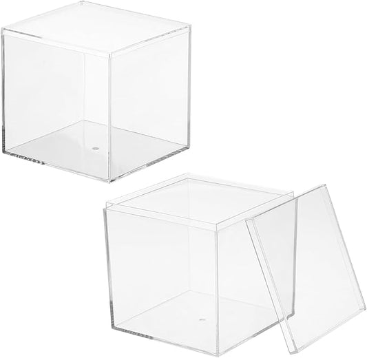 Acrylic Box with Lid, 3.35 x 3.35 x 3.35 in Acrylic Display Case Plastic Square Cube Container Storage Holder Stackable Bins for Cosmetic Collectible Candy Jewelry(2 Pack, Clear)