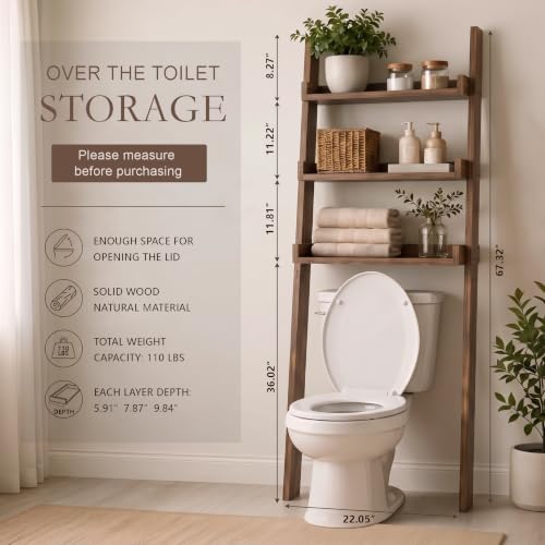 Over-the-Toilet Ladder Shelf, 3-Tier Wood Bathroom Rack - Image 3