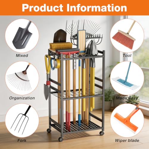 Garden Tool Organizer with Wheels, Yard Tool Rack with 3 - Image 7