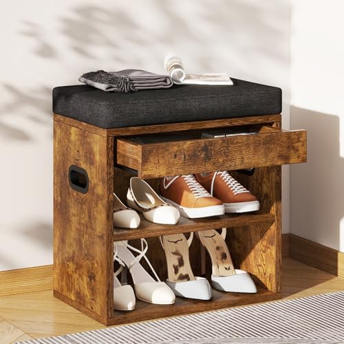 Small Shoe Storage Bench with Cushion and Drawer, Rustic Brown - Image 2