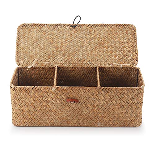 DECRAFTS Seagrass Storage Basket with Lid Rectangular Small Woven - Image 3