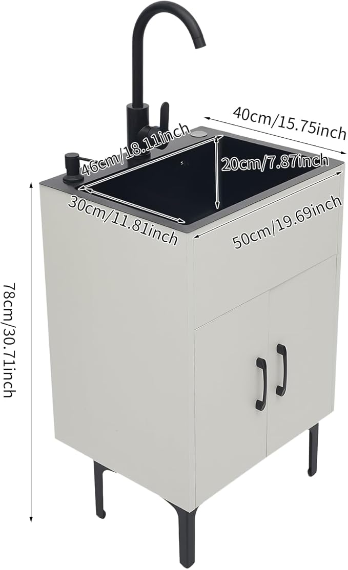 20-Inch Laundry Sink with Cabinet & 360° Swivel Hot/Cold Faucet, Freestanding Kitchen Sink Cabinet with Stainless Steel Sink & Drain Basket, White Cabinet with Sink for Laundry&Utility Room