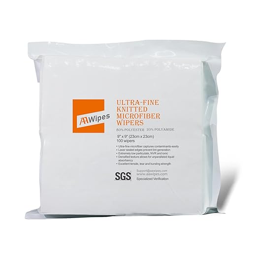 AAwipes Knitted Microfiber Cleanroom Wipers 9"x9" (Bag of 100 Pcs, 180gsm) Superfine Polyester-Polyamide Lint Free Cloths for Fiber Optics, Ultrasonically Sealed Edge, Class 100 Cloths (MF18009)