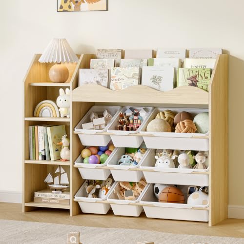Toy Storage Organizer, Scalloped Bookshelf, 4 Toy Shelves, 9 Bins - Image 2