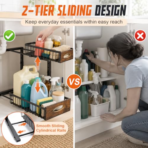 Under Sink Organizer with Wooden Handles, 2 Tier Pull Out Shelf - Image 6