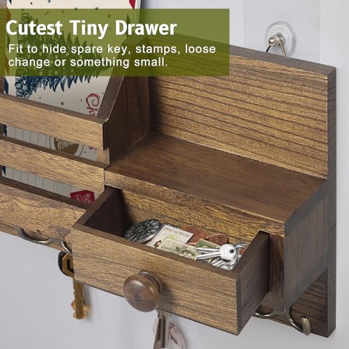 Key Holder Wall Mount, Wooden Key and Mail Organizer, Brown - Image 6