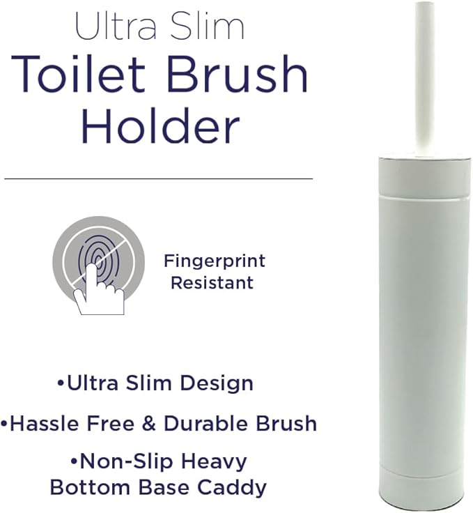 Toilet Bowl Cleaning Brush and Holder with Lid, Slim Design, 304 Stainless-Steel, Fingerprint-Proof, Rust Resistant, Heavy-Weight Base (1 Pack, White)