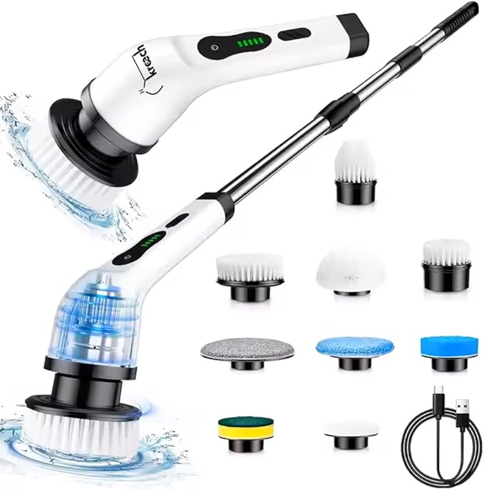 Kreech Electric Spin Scrubber, 9 in 1 Cordless Shower and Kitchen Cleaner Brush with Long Handle, Fast Charge, IPX7 Waterproof, Adjustable Speeds