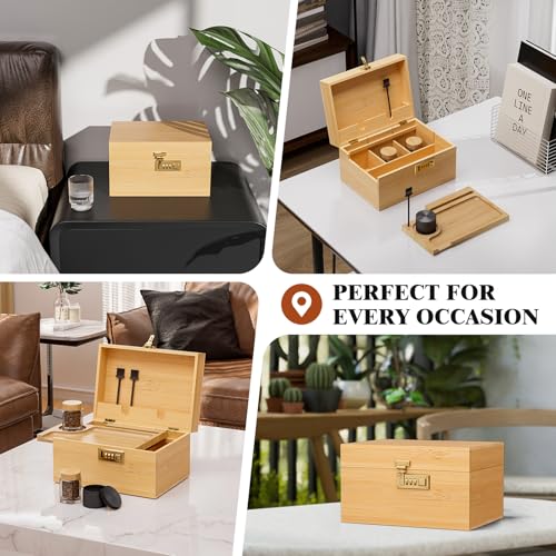 Medium Natural Bamboo Storage Box with Combination Lock and Tray - Image 7