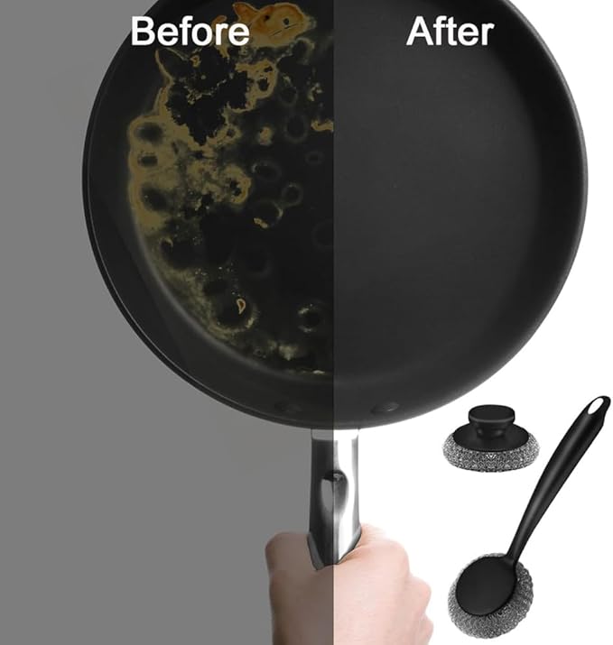 Steel Wool Dish Scrubber, Stainless Steel Scrubber Long Handle with Replacement Balls Ergonomic Design for Dishes, Pans, Grills, Stoves