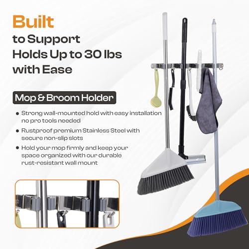 Stainless Steel Broom Holder Wall Mount, 4 Racks & 5 Hooks - Image 4