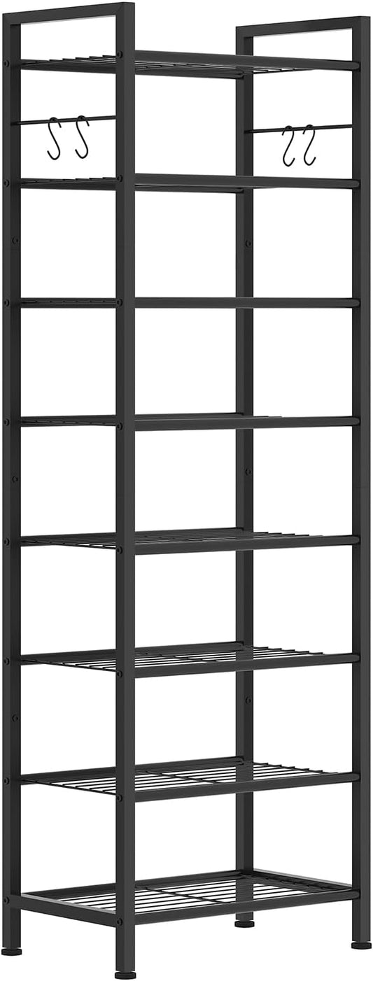 usikey 8 Tiers Narrow Shoe Rack 16-24 Pairs, Sturdy Metal Tall Shoe Rack with 4 Hooks, Slim Shoe Storage Organizer with Metal Shelf, Space Saving Vertical Shoe Shelf for Entryway Black UNYXJX016H