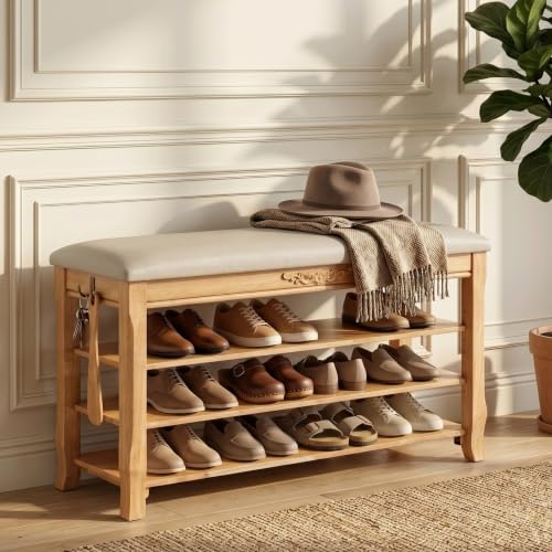 Shoe Rack Bench Entryway Storage with Leather Cushion, 39.4" - Image 2