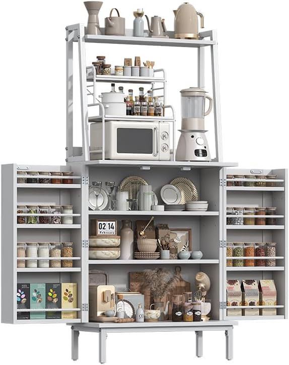 51" Pantry Cabinet, Kitchen Pantry Storage Cabinet with, Storage Shelves, Modern Kitchen Hutch with Microwave Stand, Adjustable Shelves, Food Pantry Cabinet for Dining Room (White)