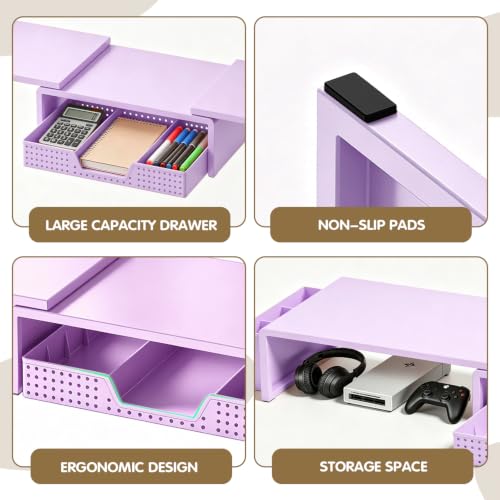 Dual Monitor Stand Riser with Drawer and 2 Pen Holders, Purple - Image 8