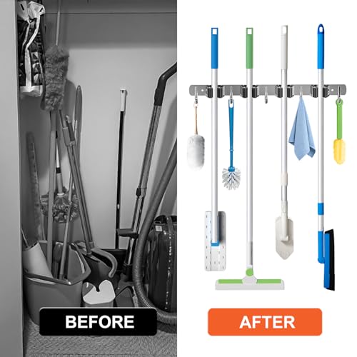 2 Pack Mop Broom Holder Wall Mount 4 Racks 5 Hooks Storage Silver - Image 6