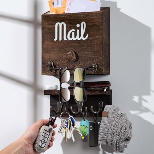 eBun Narrow Wood Mail Holder with 6 Key Hooks - Image 2