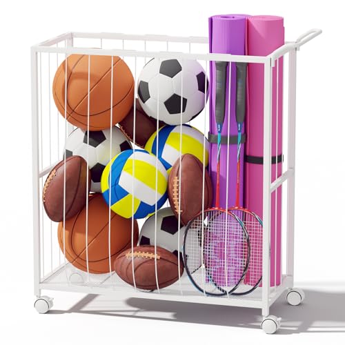 Ball Storage Bin Rolling Sports Ball Cart, White - Image 2