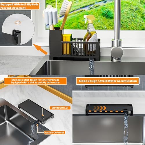 Sink Caddy & Kitchen Sink Organizer,Black Sponge Holder with High - Image 3