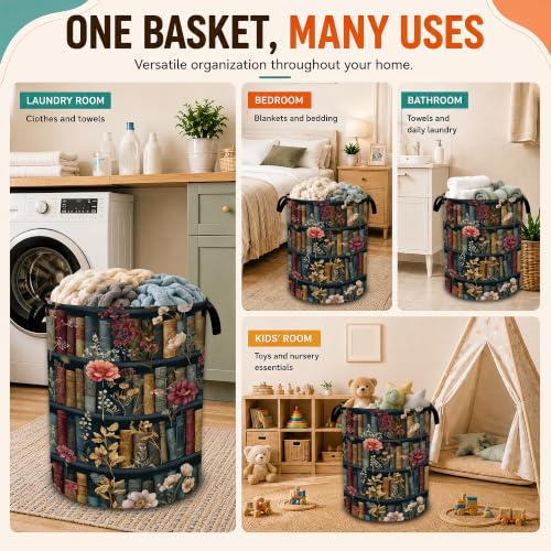 Vintage Bookshelf Flowers Laundry Basket,Foldable Oxford - Image 8