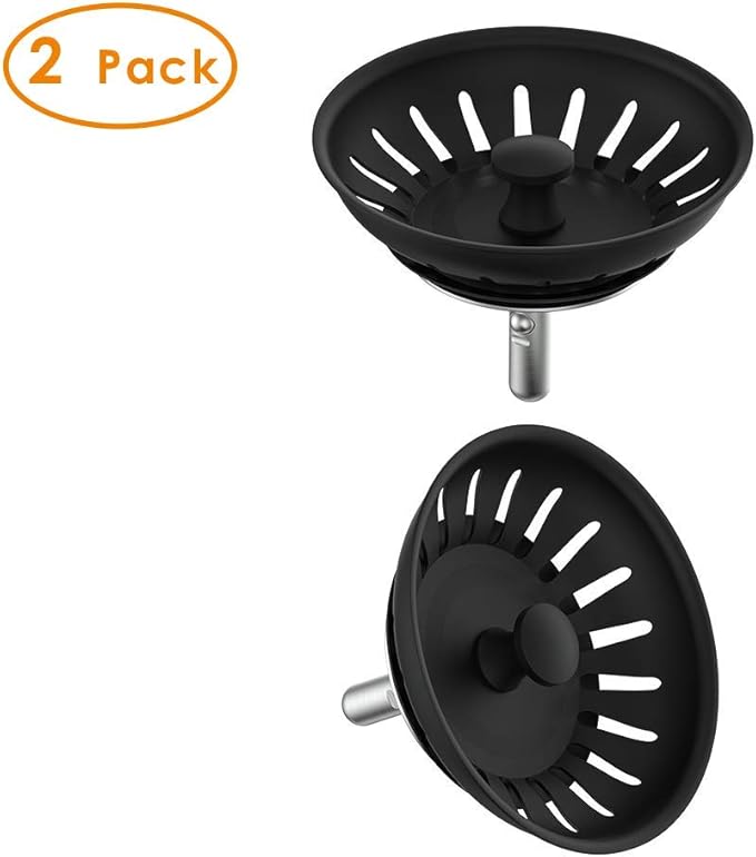 KANARY Stainless Steel Kitchen Sink Strainer Basket-Replacement for Standard Drains(3-1/2 inch)-Ball-Lock Rubber Stopper (2-Pack, Matte Black)