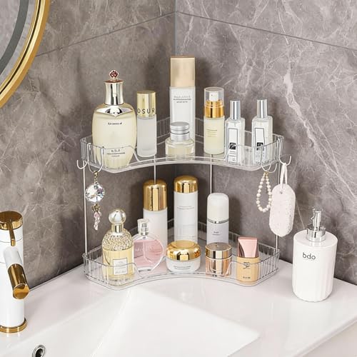 2-Tier Corner Bathroom Organizer Countertop with Hooks - Image 2