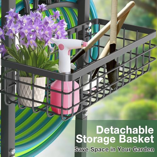 Garden Hose Holder with Large Basket, Heavy Duty Hose Reel, Black - Image 4