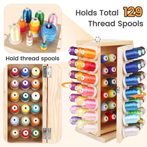 New brothread 129 Spools 360° Fully Rotating Wooden Thread Rack - Image 5