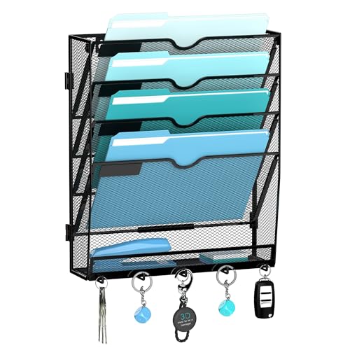 5-Tier Wall File Organizer and Mail Organizer with 5 Hooks, Black - Image 2