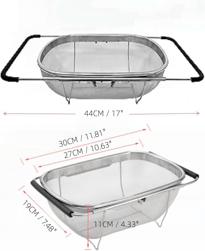 4qt Stainless Steel Oval Strainer Basket Colander, Over The Sink Fine Mesh Expandable, Colander For Kitchen Sink, Vegetables, Strain, Drain, Rinse Fruits (4 Quart Strainer Basket)