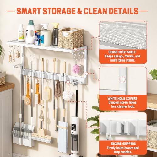 Mop and Broom Holder Wall Mount with Shelf, Heavy Duty - Image 8