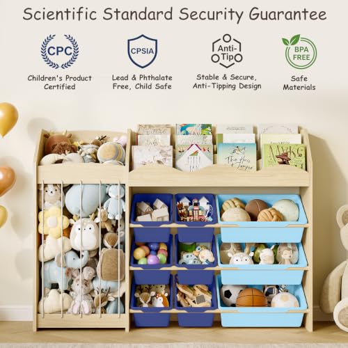 Kids Toy Organizer, Scalloped Shelf, Plush Holder, 12 Blue Bins - Image 6