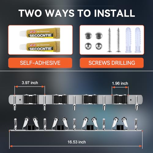 2 Pack Mop Broom Holder Wall Mount 4 Racks 5 Hooks Storage Silver - Image 7