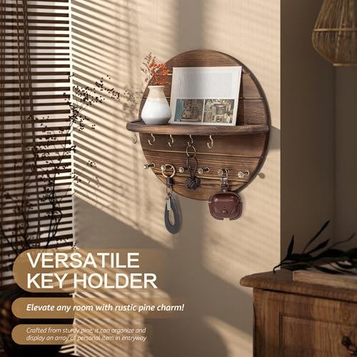 Pine Wood Round Key Holder Wall Mount for Home Decor, Brown - Image 8