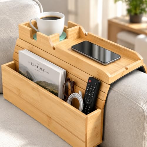 Bamboo Sofa Armrest Tray with Storage Pocket - Image 2