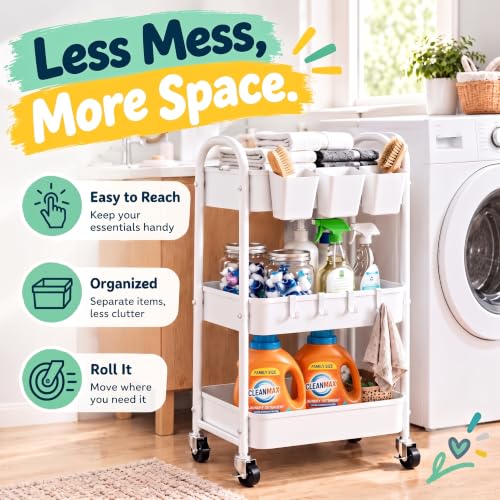 3 Tier Heavy Duty White Metal Rolling Cart with Lockable Wheels - Image 6