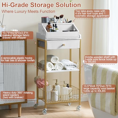 Makeup Organizer Cart, Rolling Vanity Storage, Gold and White - Image 5