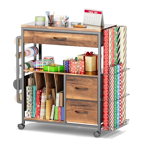 Wrapping Paper Storage Cart, Up to 12 Rolls, Wood Grain - Image 2
